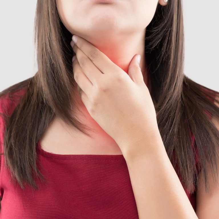 The image shows a person with neck discomfort